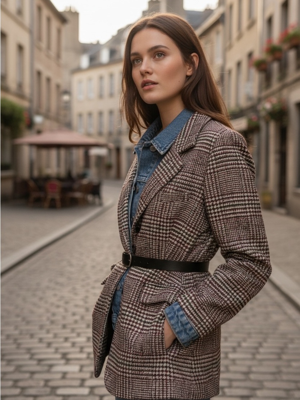 Womens Burgandy Houndstooth Belted Blazer Jacket
